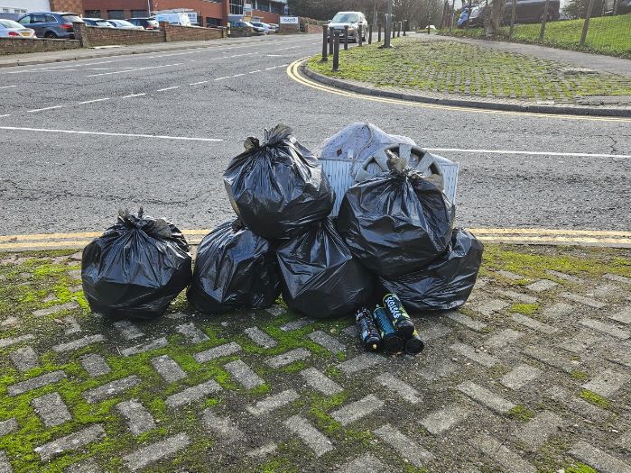 Litter collected from all areas of the business park. Waste put next to bin on corner of Halifax & Coronation Road