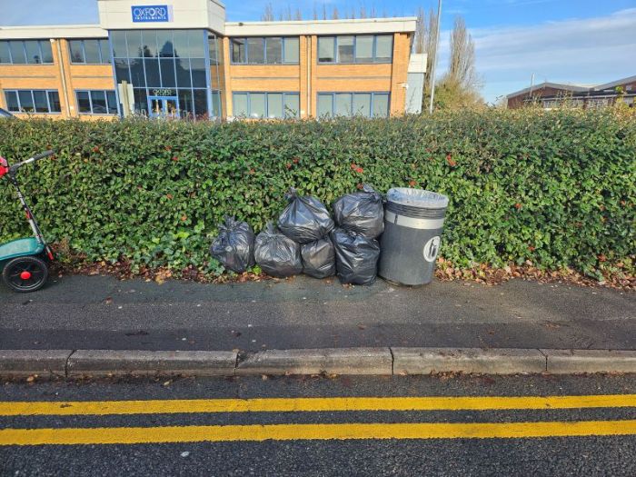 Litter collected from most areas of the business park, waste put next to bin on Halifax Road for collection.